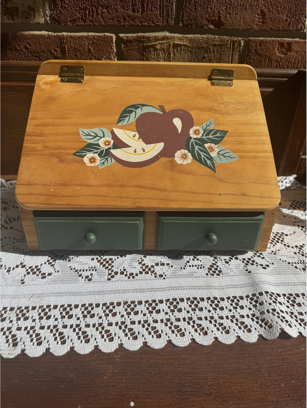 Vintage Wooden Storage Box with Apple and Floral Design